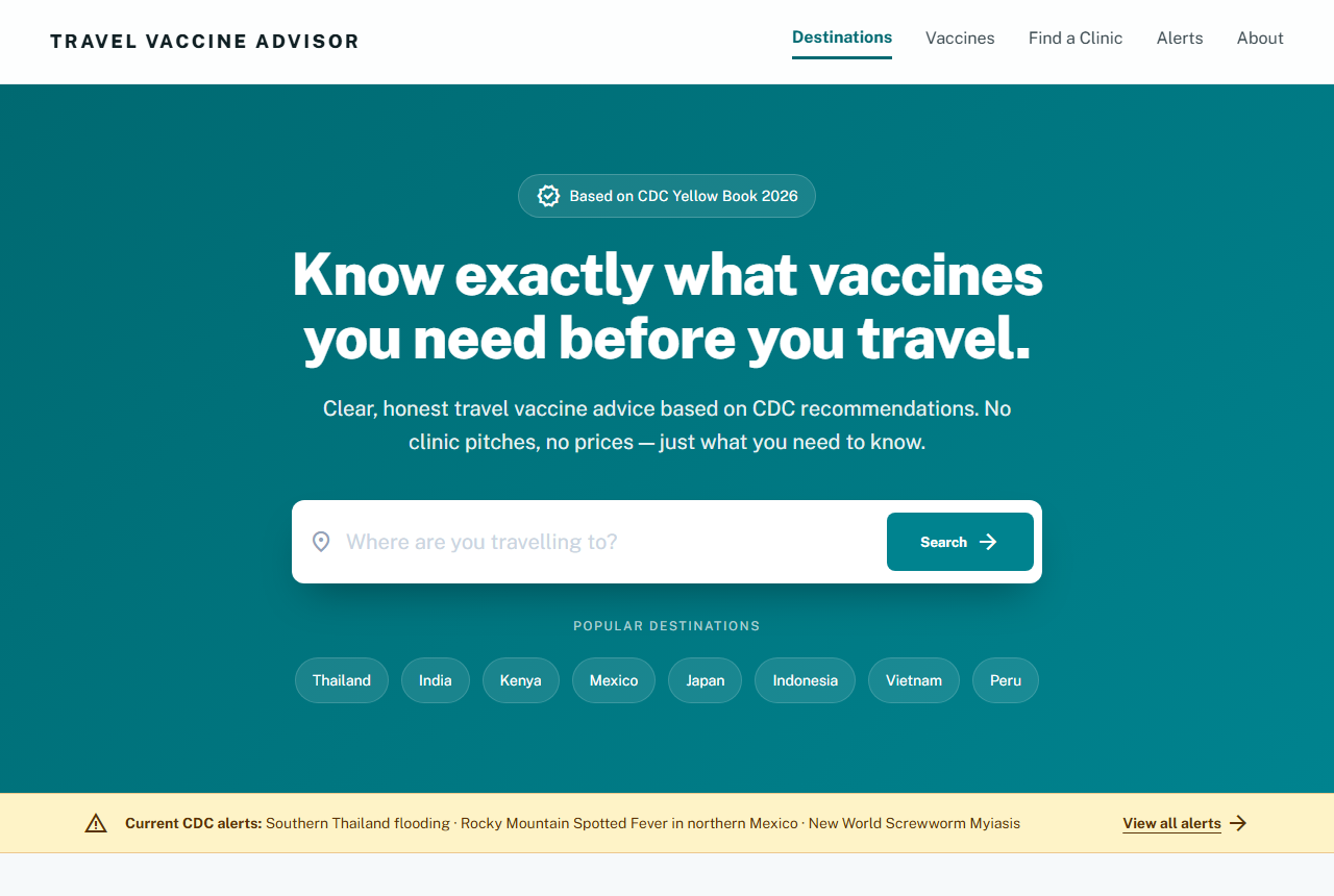 Travel Vaccine Advisor homepage